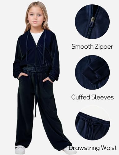 Happy Cherry Girls 2 Piece Velour Fleece Sweatsuit Kids Winter Warm Hooded Clothes Set Sports Velvet Zip Up Tracksuit4