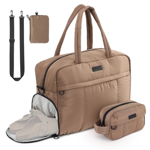 Travel Duffel Bag, Puffy Sports Tote Puffer Gym Bag with Toiletry Bag & Shoes Compartment, Quilted Weekender Overnight Bag for Women (Brown)