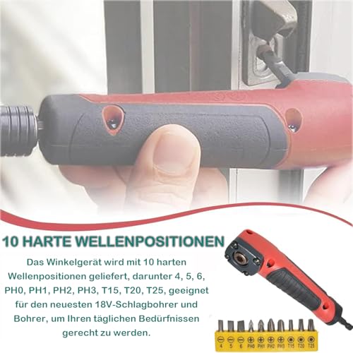 KEWAYO Rechtwinkliger Bohradapter,Winkelschrauber mit 10 Stück Stoßwellenpositionen,Winkelgetriebe,90 Grad Schlagschrauber Bohrer Adapter für das Bohren und Schrauben des Schmalen Raumes