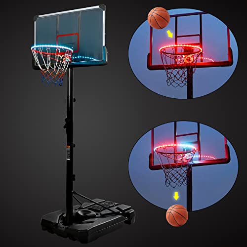 Basketball Hoop Outdoor with LED Light Portable Basketball Hoop Basketball System Set 6.6-10ft Height Adjustment with 44 Inch Backboard & Wheels for Kids Youth Adults Play at Night Outdoors - Black