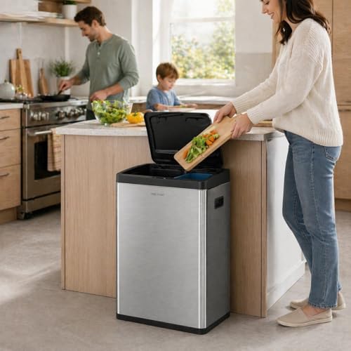 Image of Step N' Sort Motion Sensor Trash Can (60L) - Touchless Stainless Steel Kitchen Garbage & Recycling Bin with Dual Compartments, Soft-Close Lid & Fingerprint-Proof Finish