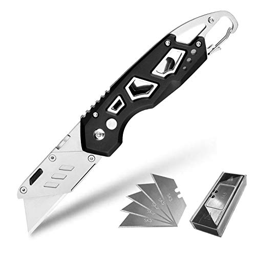 Utility Knife Folding Box Cutter with Extra 5pcs SK5 Stainless Steel Blades, Best