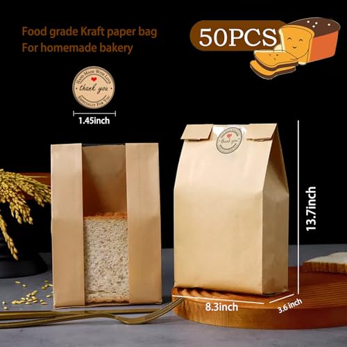50 Pcs Large Paper Bread Bags for Sourdough (13.7x8.2x3.7 in) – Kraft Bread Packaging for Homemade with Window, 50 Cute Stickers – Bakery Bags for Gifting & Storage - Thumbnail 2