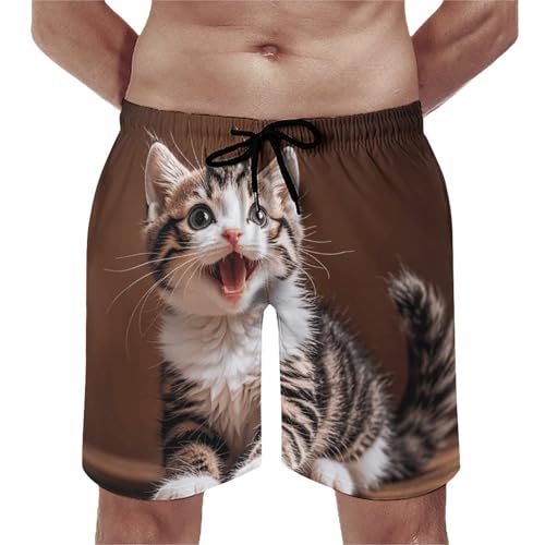 Mens Shorts Cute Happy Kitten Men Swim Trunks Quick-Dry Beach Shorts with Drawstring Pocket Bathing Suit