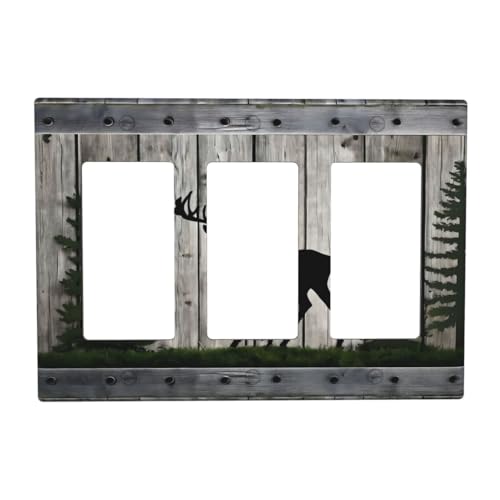 Decorative Outlet Covers Rustic Deer Elk Forest Grey Wood Board 3 Gang Wall Plate Triple Rocker Light Switch Cover Plate Jumbo Electrical Gfci Faceplate for Farmhouse Decor