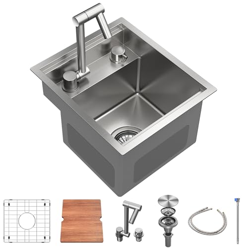 KOXKING 13x15 RV Outdoor Sink with Foldable Faucet, Nano Silver 16 Gauge Stainless Steel Single Bowl Undermount Workstation Sink with Cover & Bottom Grid for Camper, Tiny Home, Bar or BBQ