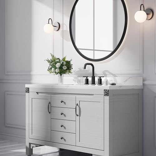 Phiestina Widespread 8 Inch 3 Holes 2 Handles Bathroom Sink Faucet with Full-Copper Pop Up Drain and Valve, Matte Black Finish,WF002-1-MB