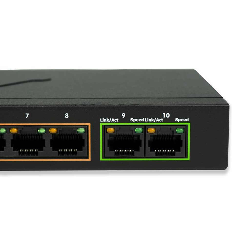 BV -Tech Commutateur Gigabit PoE+ 10 Ports (8 Ports PoE+ Gigabit avec 2 Gigabit Uplink) - 96 W - 802.3af/at, fabriqué à Taiwan, Conforme à la NDAA