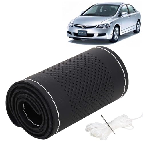 Image of KINGSWAY PU Leatherite Car Steering Cover Sewable Compatible with Honda Civic (Year 2006-2015), Black Color with Silver Thread, Pack of 1 with Sewing Needle and Thread