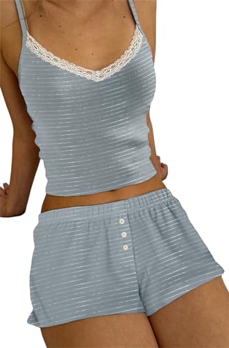 Image of Yuemengxuan Women Two Piece Outfits Y2k Boy Shorts Set Sleeveless Crop Top Button Down Shorts Set Loungewear Pajamas Set