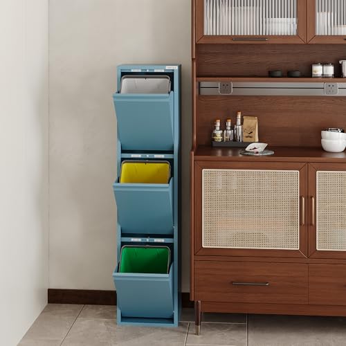 VEEHAUS Küche Mülleimer Für Den Vielseitigen Einsatz Mit Klappen Aus Edelstahl Stilvoller Abfalleimer Für Eine Effiziente Und Praktische Aufbewahrung Blau (3 x 15 LT - 45 LT)