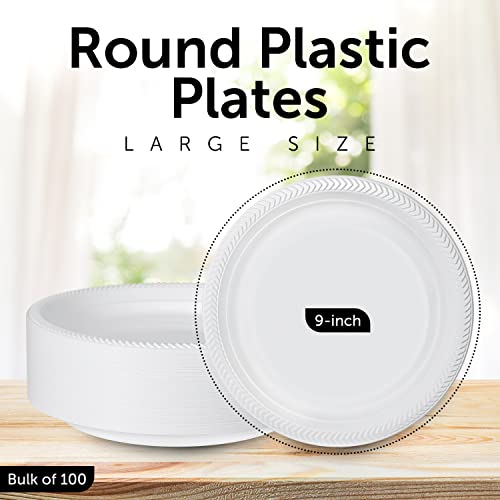 Bestyty White Plastic Plates 100-Pack 9 Inch Dinner Plates For Party, Dessert Plates Appetizer Plates For Weddings Disposable, Reusable, Microwavable #TOP1