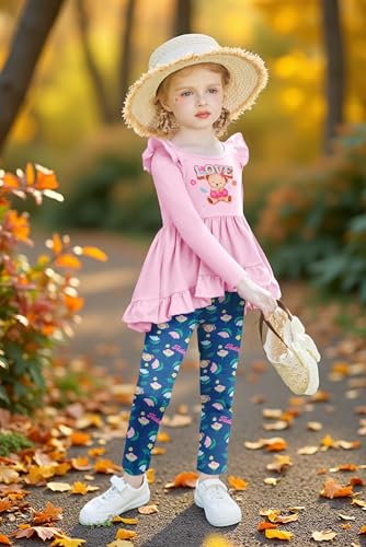 Image of Arshiner Toddler Girl Clothes Ruffle Trim Long Sleeve Pullover Top and Floral Print Leggings Fall Outfits Kids Clothing Sets