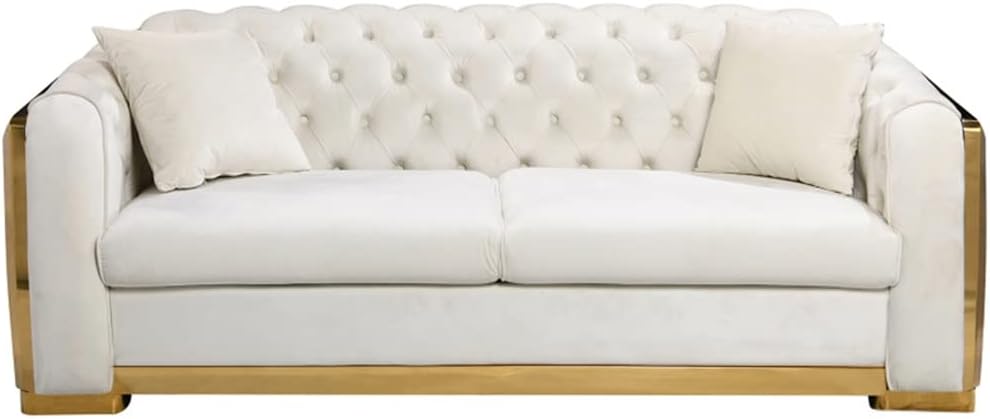 White Button Tufted Velvet Three-seat Sofa Living Room Sofa with Metal Legs Living Room Home Furniture