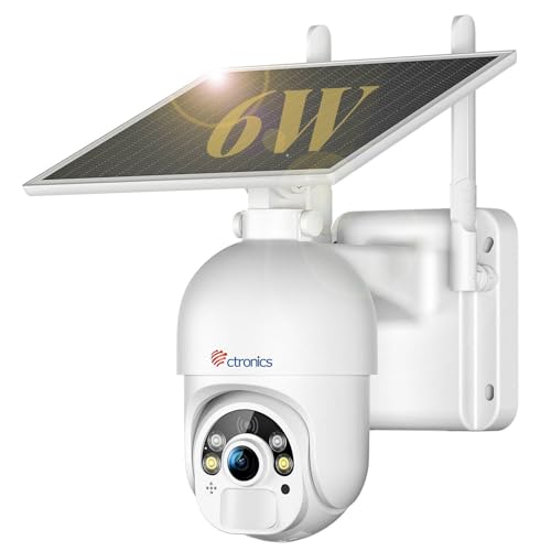 Ctronics 6W Panel Solar Cámara Vigilancia Exterior WiFi 2K 3MP, Visión Nocturna a Color 30m & Spotlight, PC/App, FTP/Cloud/128GB, Detección PIR, Audio Bidireccional, IP66