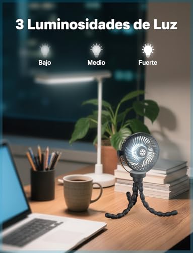 Miniatura 3 de Vosfeel Ventilador Portátil De 5200mah Para Bebé En Cochecito, Soporte De Silicona Desmontable Ideal Para Paseos Y Viajes, 3 Velocidades Luz Nocturna, Carga Usb-C, Perfecto Para Interior Y Exterior