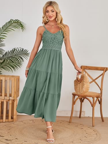 Image of Dokuritu Women's Beach Crochet Lace Maxi Dress Solid Color Summer Vacation Wedding Guest Spaghetti Strap Long Dress