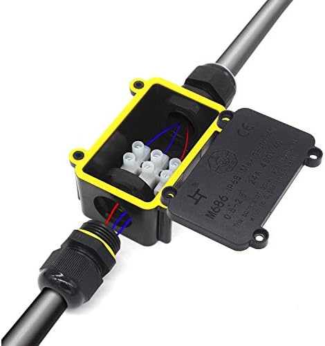Waterproof Junction Box - IP68 Waterproof Electrical Junction Boxes Outdoor 2 Way Ø 4mm -9mm, Black Plastic Gland External Waterproof Cable Connector