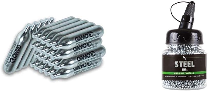 Gamo 25-Pack 12-Gram CO2 Cylinders Bundle with Air Venturi 2,500ct 5.1 Grain 177 Cal Zinc-Plated Steel BBS