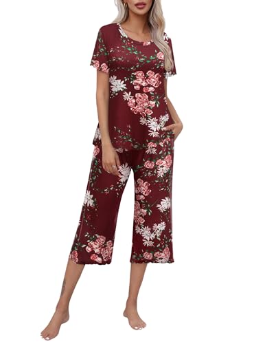 Ekouaer Women's Pajamas Set Short Sleeve Top With Capri Pants Pjs Lounge & Sleepwear SetWine/Pink RoseLarge