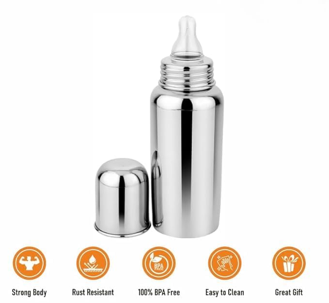 Image of Steel 304 Grade Feeding Bottle with Soft Silicone Nipple, Silver, 250 ml, (Silver Pack of 1)