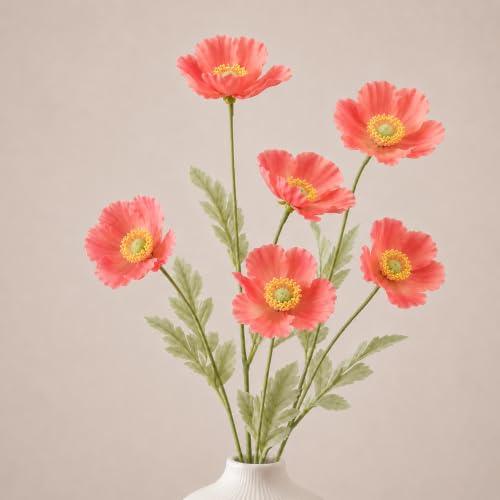 Image of CURATED CART Artificial Flowers Bunch of 2 Poppy Red Flowers, 70cm Real Touch Fabric Flowers with Stems, 4 Blooming Heads, Fake Flowers for Home Decor, Party, Wedding, Party Decorations