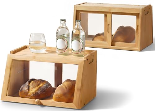 Navaris Boite a Pain Vintage - Boite de Rangement Cuisine en Bambou avec Fenêtre Transparente et Couvercle pour Conservation Pain de Mie Viennoiserie -...