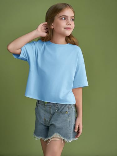 Image of Girls Athletic Oversized Crop Tops Kids Drop Shoulder Short Sleeve T Shirts Workout Tees 5-14 Years