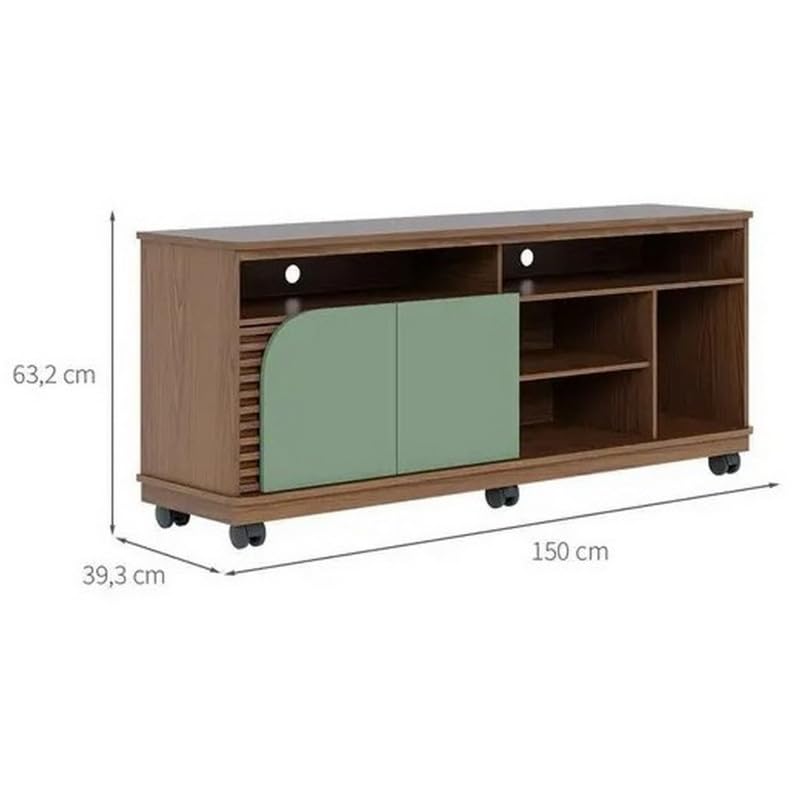 Meuble TV 65 Pouces Vert Olive et Chêne 2 Portes 7 Niches roulettes L 150 H 63.2 P 39.3 cm