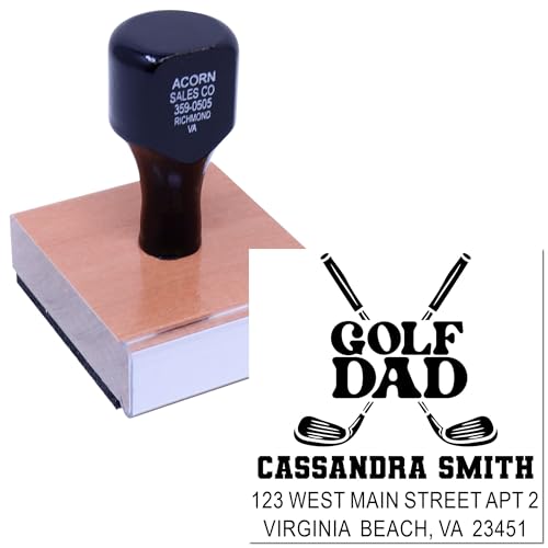 Image of Golf Dad Pride Club Wood Handle Rubber Stamp - Crafter Address Stamp | Hand Stamp With Wood Handle. Any standard pad works. Personalized Golf Stamp. Takes permanent ink. 3 lines of custom text.