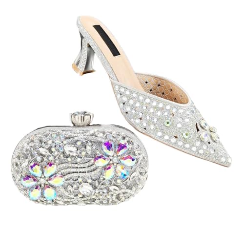 Chaussures avec pochette assortie argenté pour mariage et talons de soirée