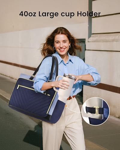 Image of LOVEVOOK 17 Inch Tote Bag for Women, Work Bags Laptop Bag with Large Cup Holder, Quilted Nurse Bag Diaper Tote with Multi-Pockets, Large Computer Handbag Purse for Bussiness Travel