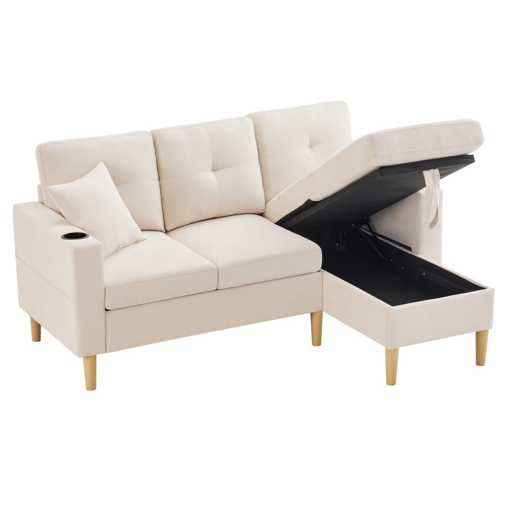 Sofá esquinero intercambiable, sofá de 3 plazas con chaise longue, sofás de esquina modernos con espacio de almacenamiento, 2 portavasos, 2 cojines, sofá esquinero en L con bolsillo lateral, para