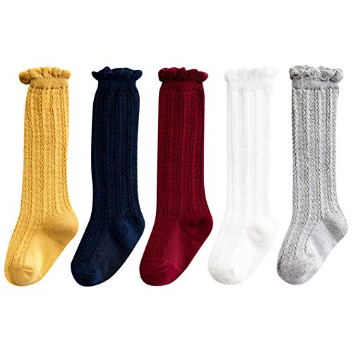 Zando Baby Girls Socks Toddler Infant Newborn Kids Knee High Socks Warm Long Stockings Tube Ruffled Unisex Tights White & Red & Grey & Navy & Yellow 12-24 Months/2T-3T