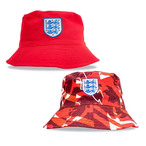Hy-Pro Officially Licensed England FA Bucket Hat - Reversible, Red, Classic Style, Double Sided with Solid or Print, Three Lions Crest, Festival, Holiday, Sun Hat, Unisex, Adult