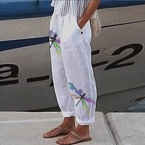 Yuzhih Retro Women Linen Harem Pants With Pockets Boho Comfy High Waist Dragonfly Print Loose Capri Pants Palazzo Trouser(Medium,White) #TOP1