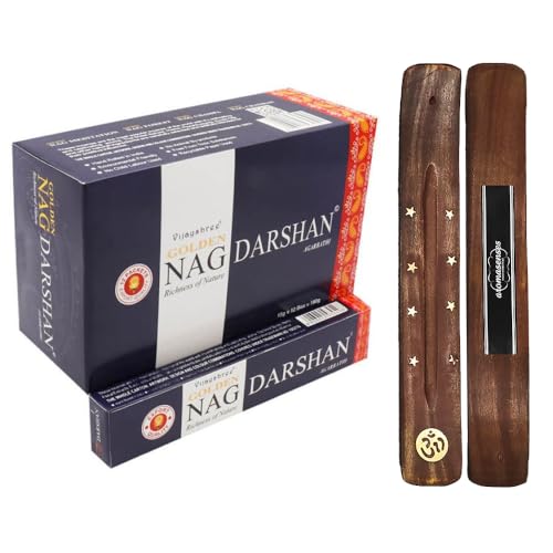 Aromasenses.- Incienso Golden Nag Darshan Vijayshree - 12 Cajetillas de 15 Gramos Cada una + 1 Tablilla Aromasenses (Darshan)