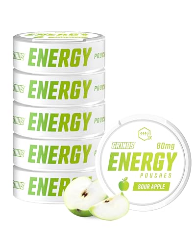 41slKWIfjpL. SL500 Grinds Energy Pouches - Natural Caffeine Pouches - Contains B-Vitamins, Sugar-Free, & 0 Calories - 80mg of Caffeine in Each Pouch - Sour Apple - 6 Pack, 15 Pouches Per Can
