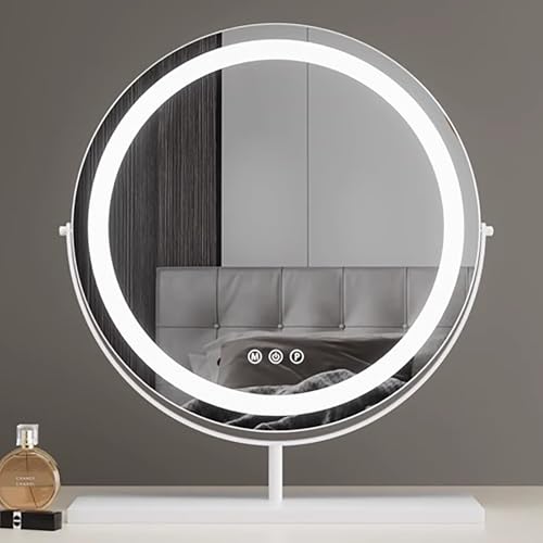 ZXTRYBHD Espejo de Tocador con Luces, Espejo de Maquillaje Redondo Iluminado, Espejo de Belleza de Alta Definición, Control Táctil de 3 Colores, Rotación de 360°(White,50cm/19.6in)