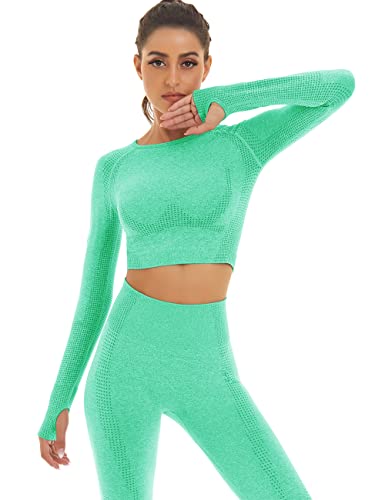 Toplook Women Seamless Workout Outfits Athletic Set Leggings + Long Sleeve Top (Light Green, Medium) #TOP2