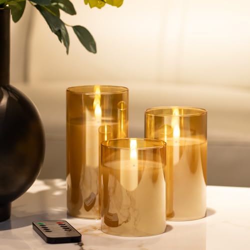 Image of Gold Flameless Candles With Remote LED Battery Operated Pillar Candles Set | Acrylic Cup Design Realistic Glow 10-Key Remote With Timer & Brightness Control for Fireplace, Wedding & Home Decor