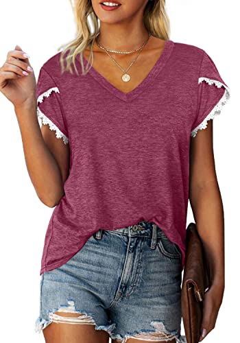 Cap Sleeve Tops For Women Summer V Neck T Shirts Loose Fit Tunics Fuchsia M #TOP1