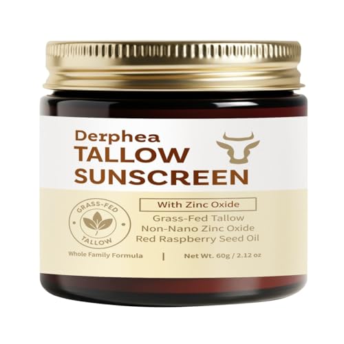 Derphea Beef Tallow Sunscreen SPF 50: 22% Non-Nano Zinc Oxide Mineral Instant Protection - Daily Sun Care for Sensitive Blemish-Prone & Kid-Friendly Skin - Face and Body - 60 g