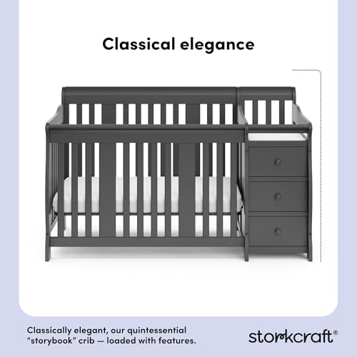 Image of Storkcraft Portofino 5-in-1 Convertible Crib and Changer - Crib and Changing Table Combo with Drawer, Converts to Toddler Bed, Daybed and Full-Size Bed, Storage Drawer (Gray)