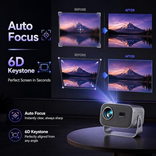 جهاز عرض ذكي صغير 1080P 4K من دوفين، واي فاي 6 وبلوتوث 5.4، تركيز تلقائي 12000 ANSI وتجنب العوائق، جهاز عرض خارجي محمول لايفون/اندرويد/تلفزيون/HD، بلوتوث صغير جاهز روكو