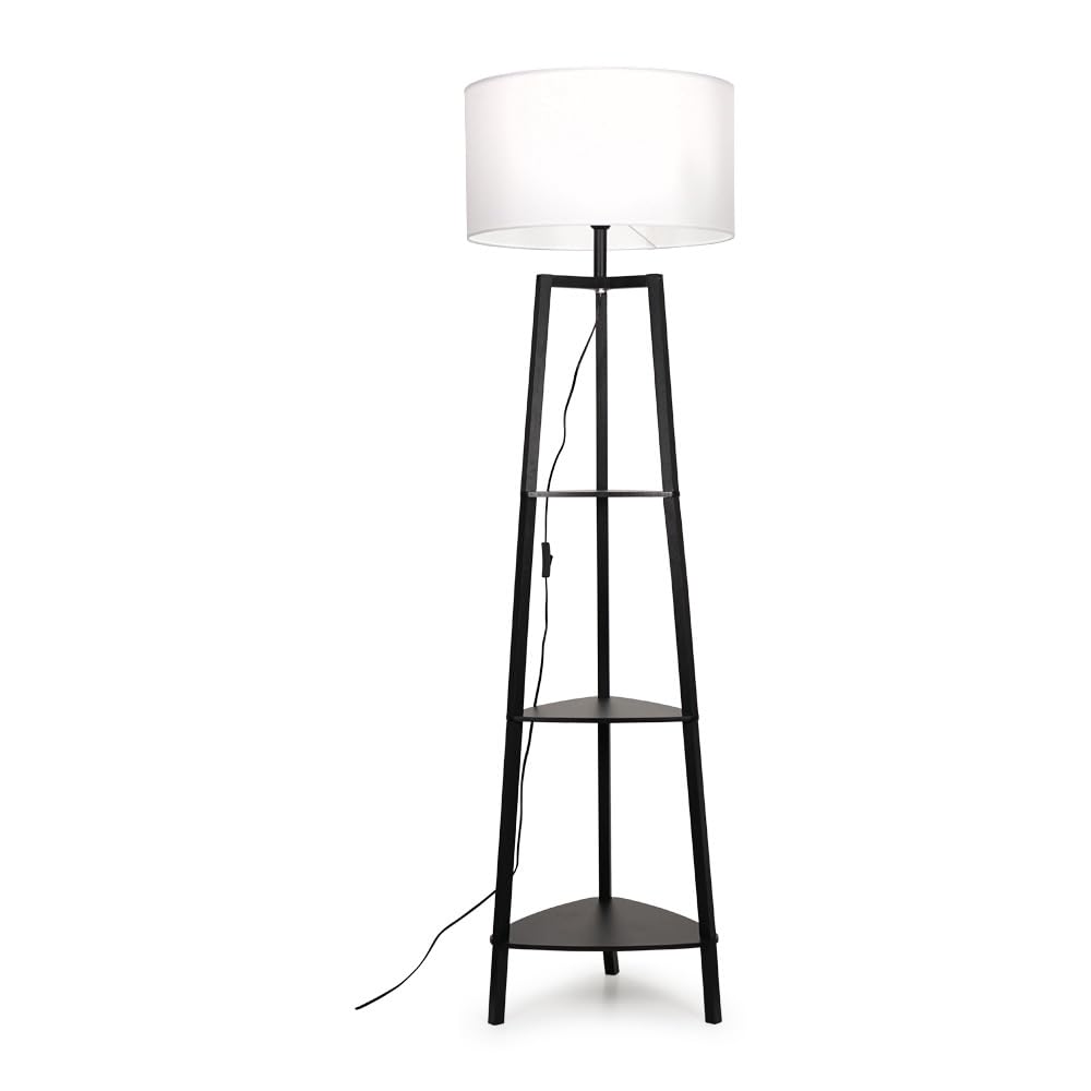ValueLights Hiru Floor Lamp - 3 Tier Shelf - Drum Shade - White