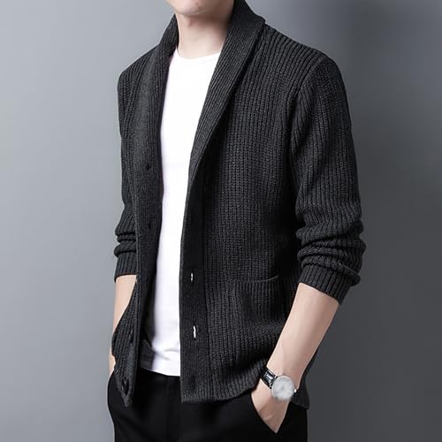 Mens Shawl Collar Cardigan Sweater Long Sleeve Button Cable Knit Men Sweaters Loose Fit Casual Ribbed Knit Cardigans (Black Gray,X-Large)3