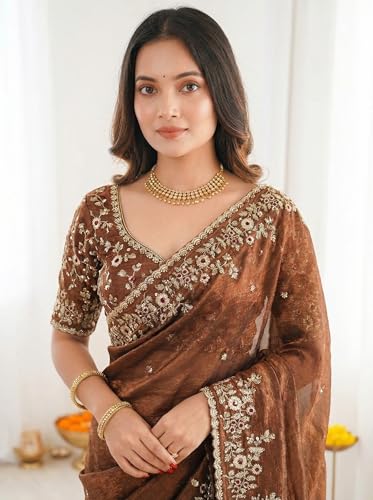 Image of ORHANS Women's Tissue Silk Ethnic Motifs Embroidered Tissue Heavy Work Saree with Embroidered With Unstitched Blouse Piece Blouse Piece | Beautiful Saree for Women | Traditional Indian Sari