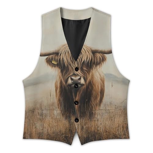 Highland Cow Print Men's Suit Vest Slim Fit V-Ncek Waistcoat Business Casual Vest3