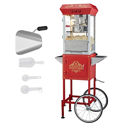 VEVOR Commercial Popcorn Machine, 8 Oz Kettle, 850 W Popcorn Maker on Wheels for 48 Cups per Batch, Theater Style Popper with 3-Switch Control Steel Frame Tempered Glass Doors Cart 1 Scoop 2 Spoons